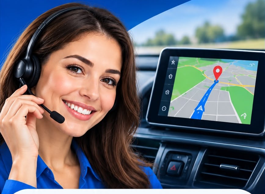 Smiling support agent with a headset next to a car satnav screen